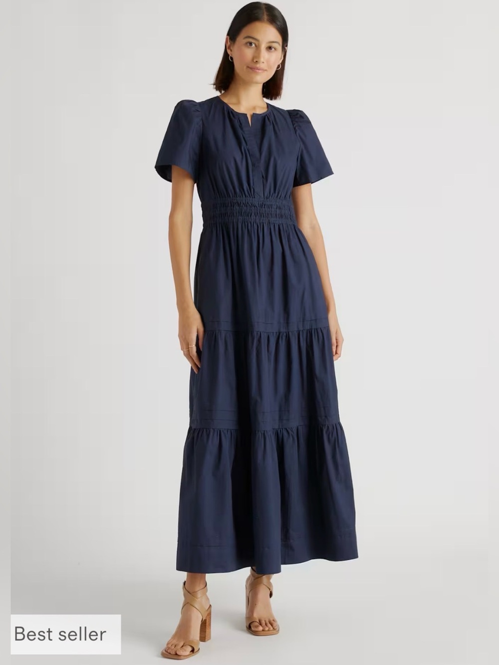 Quince 100% Organic Cotton Poplin Tiered Maxi Dress in Navy